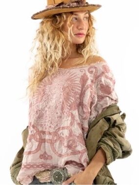 Magnolia Pearl Embroidered Mary Matilda Dusty Rose Satin Modal Too Blouse NWT